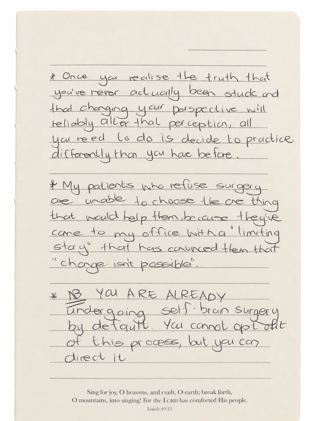 Handwritten notes including the statement that you are already undergoing self-brain surgery by default and cannot opt out