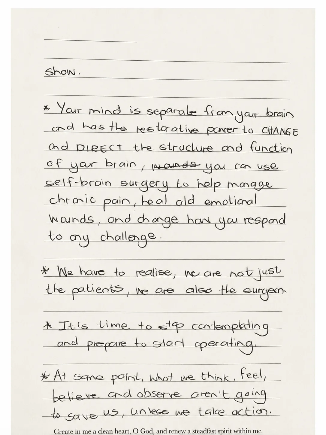 Handwritten notes from a friend showing the self-brain surgery framework, including the mind being separate from the brain, being the surgeon, and taking action
