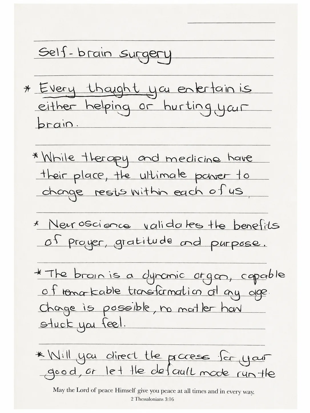 Handwritten notes showing the full self-brain surgery framework with five key points about thoughts, therapy, neuroscience, the brain, and directing the process